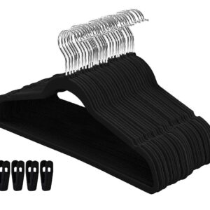 Velvet Hangers 26 Pack with Clips - Non Slip Black Felt Hangers - Space Saving Clothes Hangers for Coat, Shirt, Pants & Dress - Slim Heavy Duty Hangers for Clothing