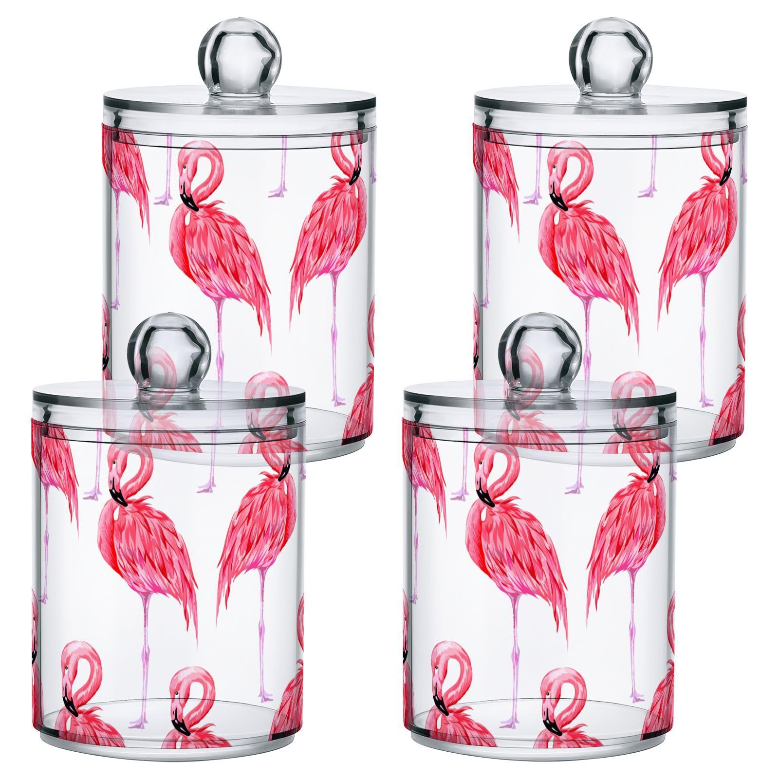 SDMKA 2 Pack Apothecary Jars Bathroom Pink Flamingo Qtip Holder Storage Canister Clear Plastic Jar with Lid for Cotton Ball, Cotton Swab