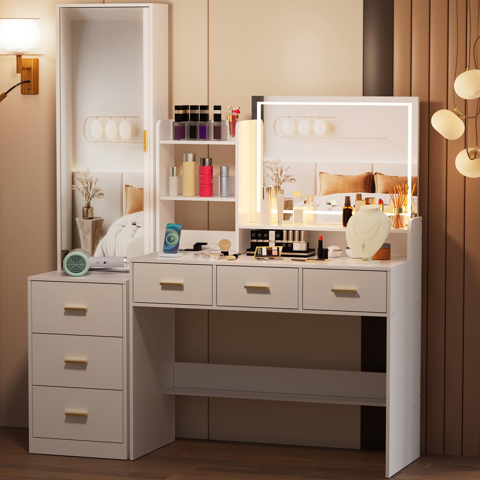 PAKASEPT Vanity Desk with Mirror and Lights, Makeup Vanity with 3 Lighting Colors & Charging Station, Makeup Desk Dressing Table with Full-Length Mirrors,Hidden Cabinet, Lots Storage Shelves,White