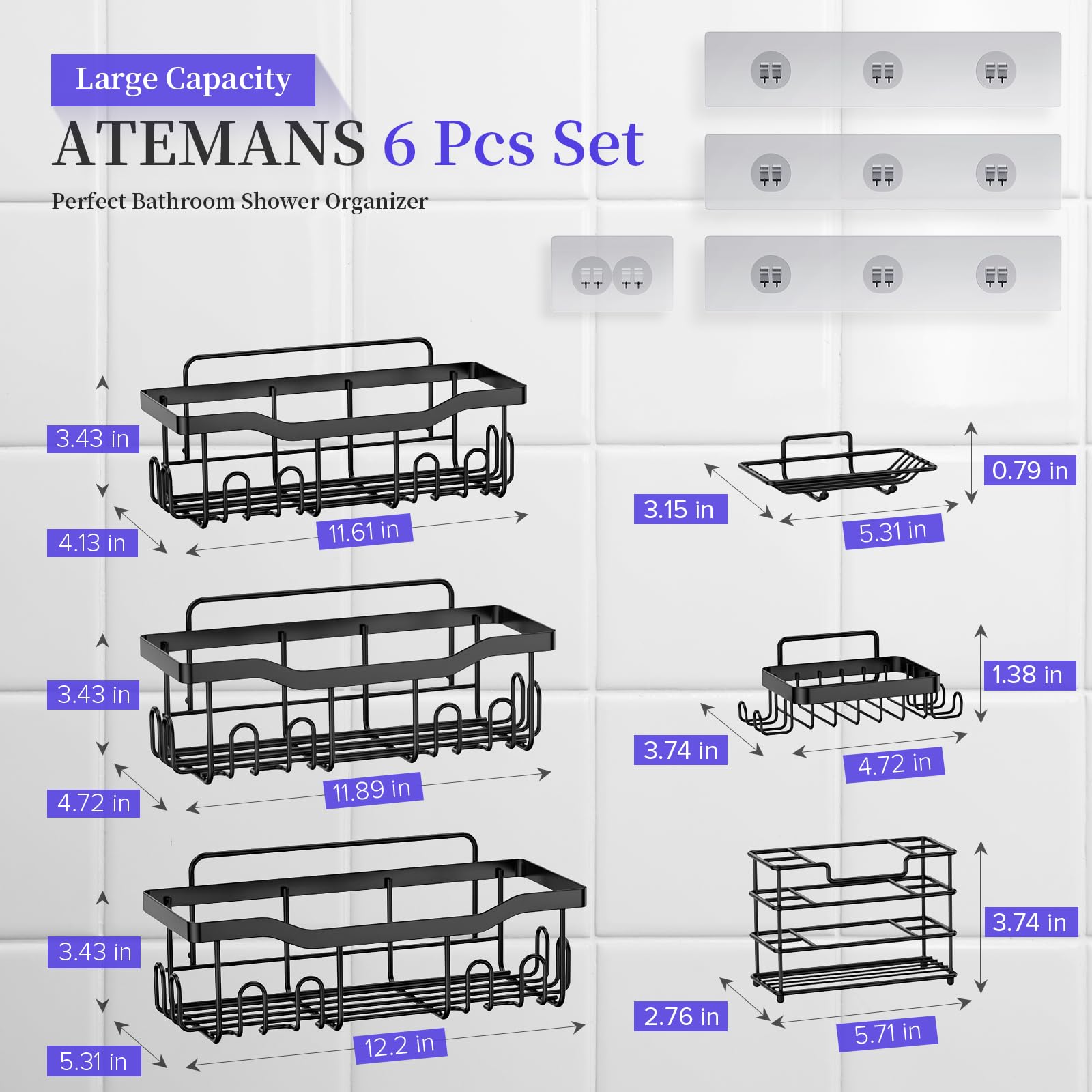 ATEMANS Black Shower Caddy Shelf 6 Pack, 3 Tier Shower Shelf for Inside Shower,Bathroom Shower Shelves Wall Mount,in Shower Organizer Shampoo Bottle Holder,Toothbrush Holder,Soap Holder