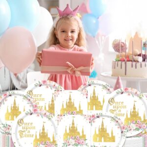 Girl Fairytale Princess Birthday Tableware Party Supplies Serves 24 Guests Once Upon a Time Pink Floral Gold Castle Plates Napkins Forks for Girls Birthday Party Decoration Supplies