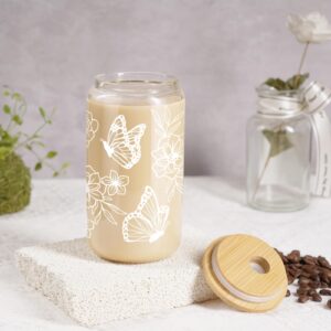 Fairy's Gift Butterfly Gifts for Women - Iced Coffee Cup, Aesthetic Floral Butterflies Glass Cup w/Lid & Straw, Butterfly Tumbler - Christmas, Birthday Gifts for Women Mom Friend Bestie