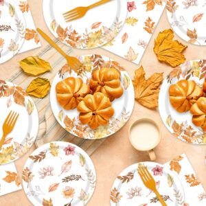 96 PCS Fall Leaves Party Decorations Supplies Autumn Maple Leaves Party Tableware Set Party Napkins Forks Disposable Paper Plate Decorations Favors for Fall Thanksgiving Bridal Shower Birthday Theme