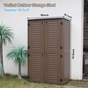 KINYING Outdoor Storage Shed Waterproof, Resin Vertical Outdoor Storage Cabinet for Patio Furniture, Garden Tools, Pool Accessories, Mower Storage (66 Cu.ft, Dark Brown)