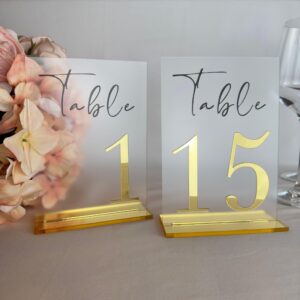 table numbers-mirrored gold table numbers & base-frosted acrylic table numbers -wedding decorations for reception-minimalistic font table number stands 7x5-wedding table numbers for wedding reception