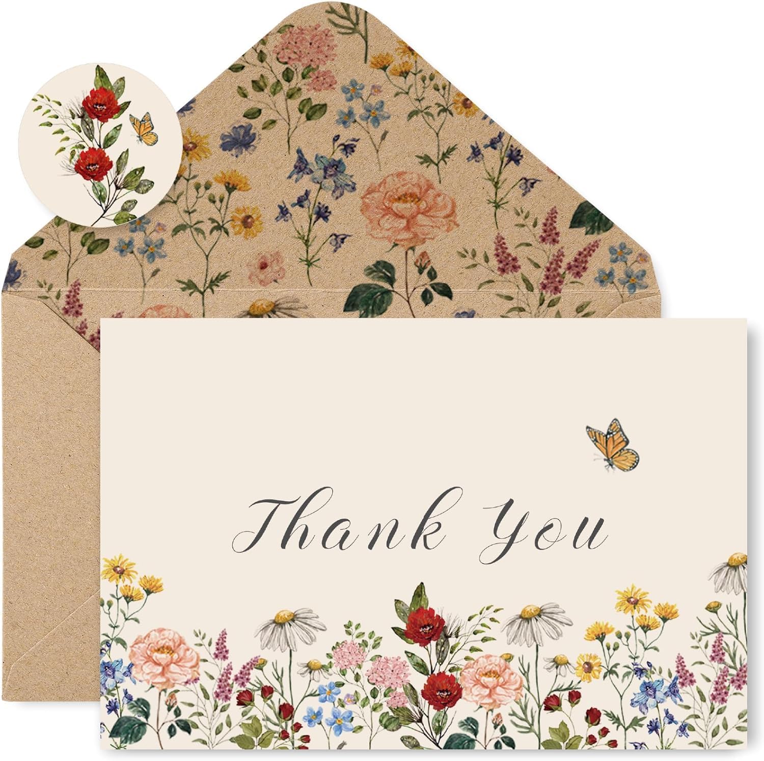 ChicRosa 24 Pack Wildflower Thank You Cards Bulk Vintage Flower Greeting Cards with Kraft Envelope Sticker Retro Floral Blank Note Cards for Birthday Wedding Baby Shower Bridal Shower, 4 x 6 Inch