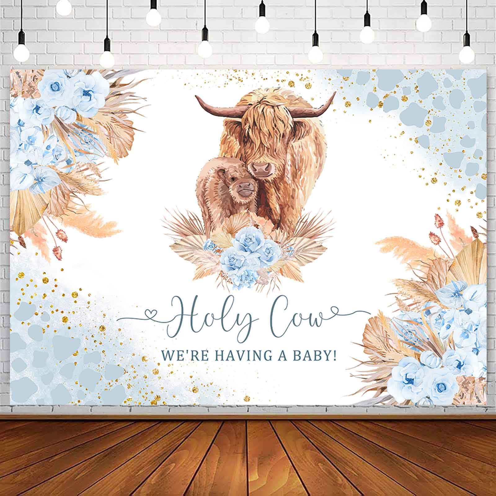 Ayayiya Highland Cow Baby Shower Backdrop Boy Holy Cow We are Having a Baby Farm Cow Party Decorations Boho Blue Highland Cattle Baby Shower Backdrops Cake Table Banner Photography Backdground 7x5ft