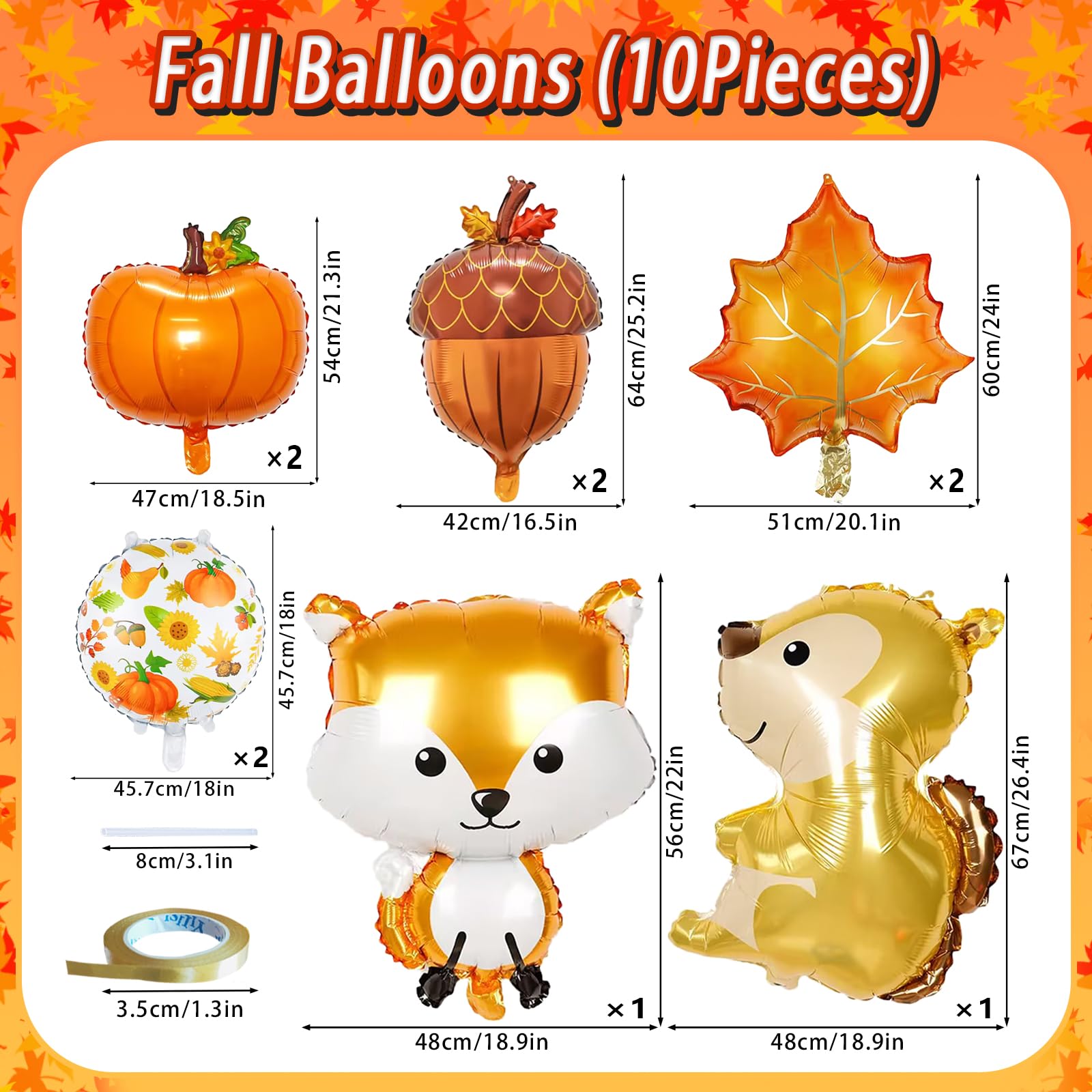 Fall Balloons, Thanksgiving Acorn Fox Maple Leaf Squirrel Pumpkin Mylar Foil Balloons, Harvest Autumn Party Balloons for Birthday Baby Shower Thanksgiving Party Decorations - Pack of 10