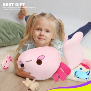 Onsoyours Axolotl Stuffed Animal Mommy 19.7" with 3 Baby Axolotl Plushies in Tummy, 4 Piece of Cute Axolotl Plush Pillow Toys for Kids Girls Boys (Pink Axolotl Family)