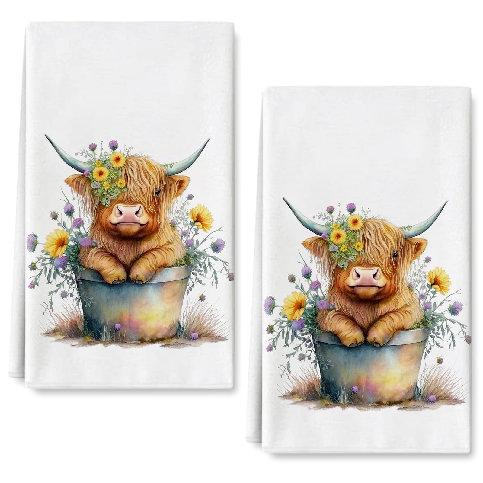 AnyDesign Highland Cow Kitchen Dish Towel 18 x 28 Inch Rustic Farmhouse Dishcloth Seasonal Cute Cow Decorative Hand Tea Towel for Kitchen Home Cooking Baking Cleaning, 2Pcs