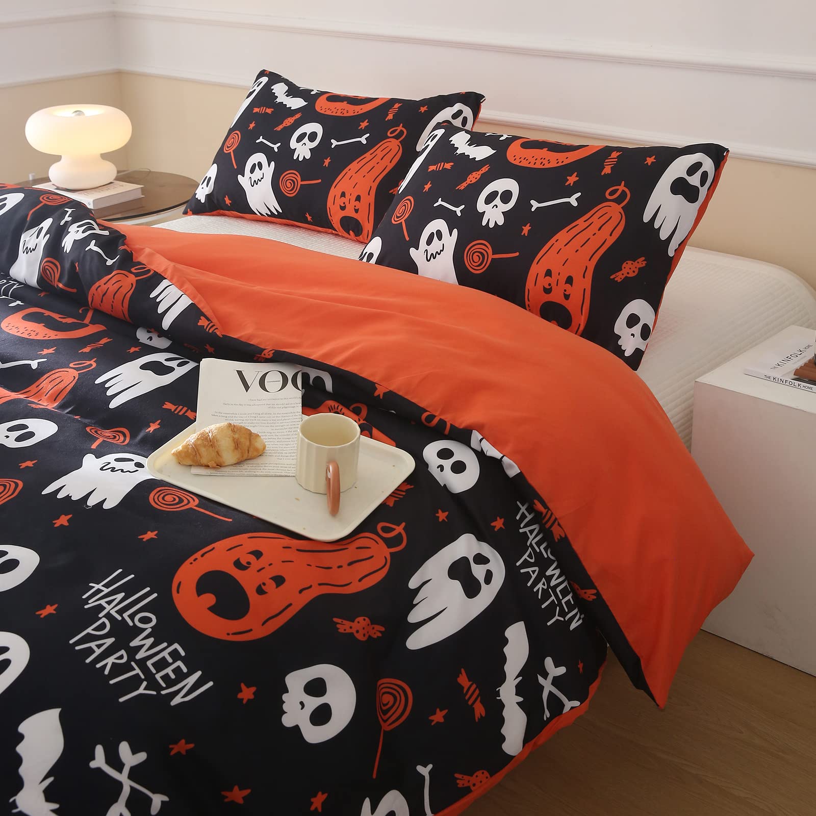 Halloween Duvet Cover Queen Size Pumpkin Bedding Set Cartoon Ghost Candy Comforter Cover for Kids Room Decor Black Bedding with 1 Duvet Cover 2 Pillowcases