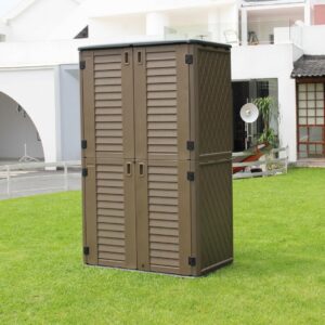 KINYING Outdoor Storage Shed Waterproof, Resin Vertical Outdoor Storage Cabinet for Patio Furniture, Garden Tools, Pool Accessories, Mower Storage (66 Cu.ft, Dark Brown)