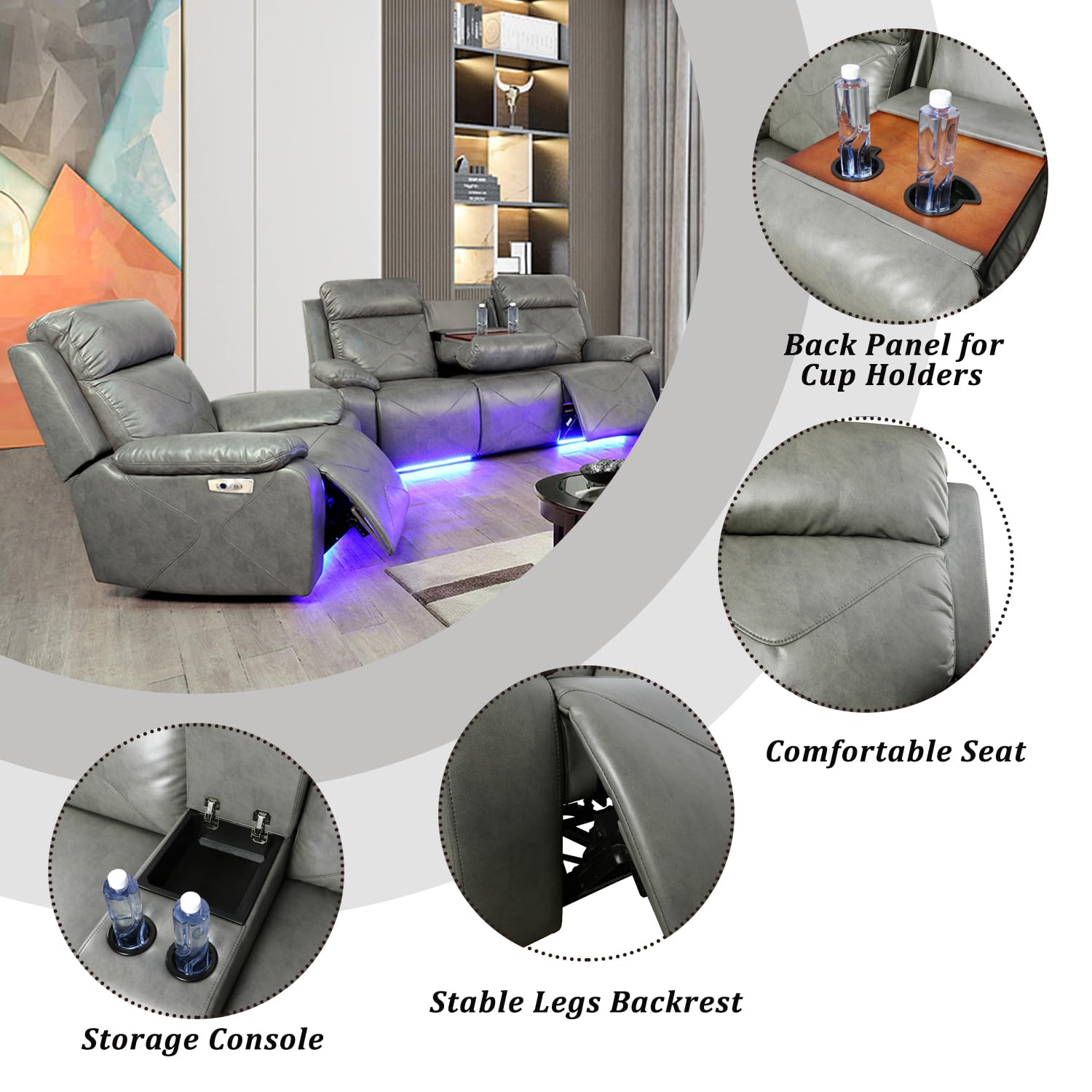 GEBADOL Power Recliner Sofa with LED Lights Leather Sofa for Living Room with USB Port/Storage Console/Cup Holders(Grey)