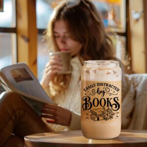 Coolife Book Lovers Themed 16 oz Coffee Glass Cups w/Lids & Straws, Bookish Gifts for Women, Book Club Bookworm Gifts for Book Lovers, Readers Librarian - Christmas, Birthday Book Lover Gifts Ideas