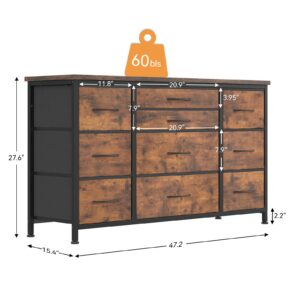 Jojoka Wide Dresser with 10 Large Drawers for 55'' Long TV Stand with Power Outlet Entertainment Center, Storage Fabric Drawer Unit for Bedroom, Closet, Entryway, Sturdy Metal Frame, Rustic Brown