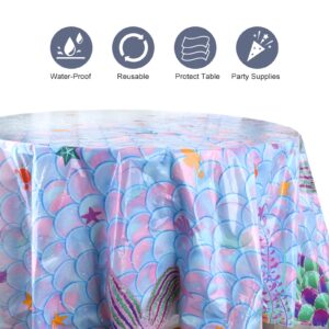 YiePhiot 3 Pcs Baby Shower Tablecloth，Baby Shower Round Tablecloth，Mermaid Party Decoration Table Covers，Plastic Table Cover for Baby Shower Party Compatible for a 70inch Round Table