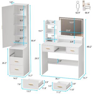 PAKASEPT Vanity Desk with Mirror and Lights, Makeup Vanity with 3 Lighting Colors & Charging Station, Makeup Desk Dressing Table with Full-Length Mirrors,Hidden Cabinet, Lots Storage Shelves,White