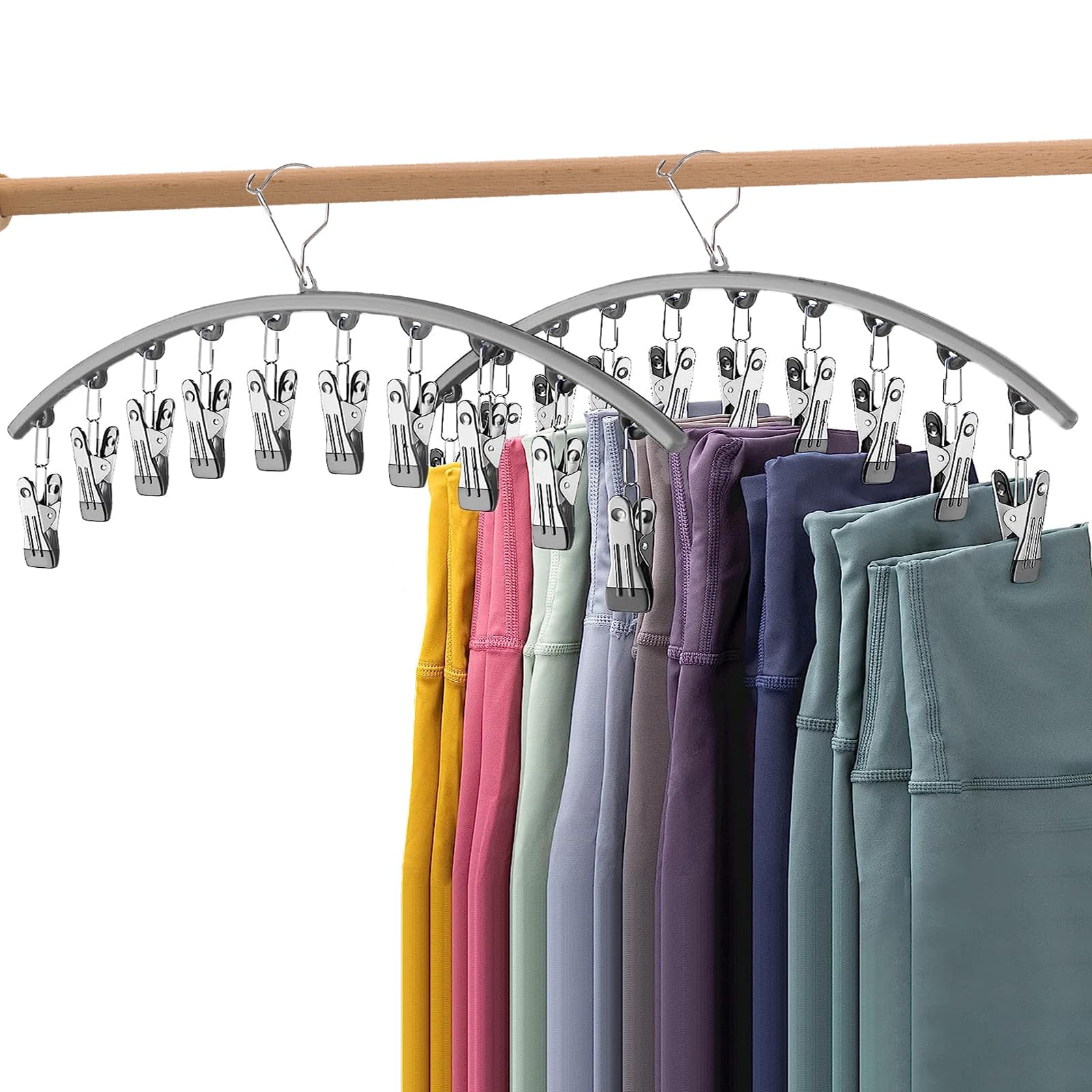 Gray Legging Organizer for Closet, Metal Yoga Pants Hangers 2 Pack w/10 Clips Holds 20 Leggings Hangers Space Saving Hanging Closet Organizer w/Rubber Coated Closet for Organizers and Storage