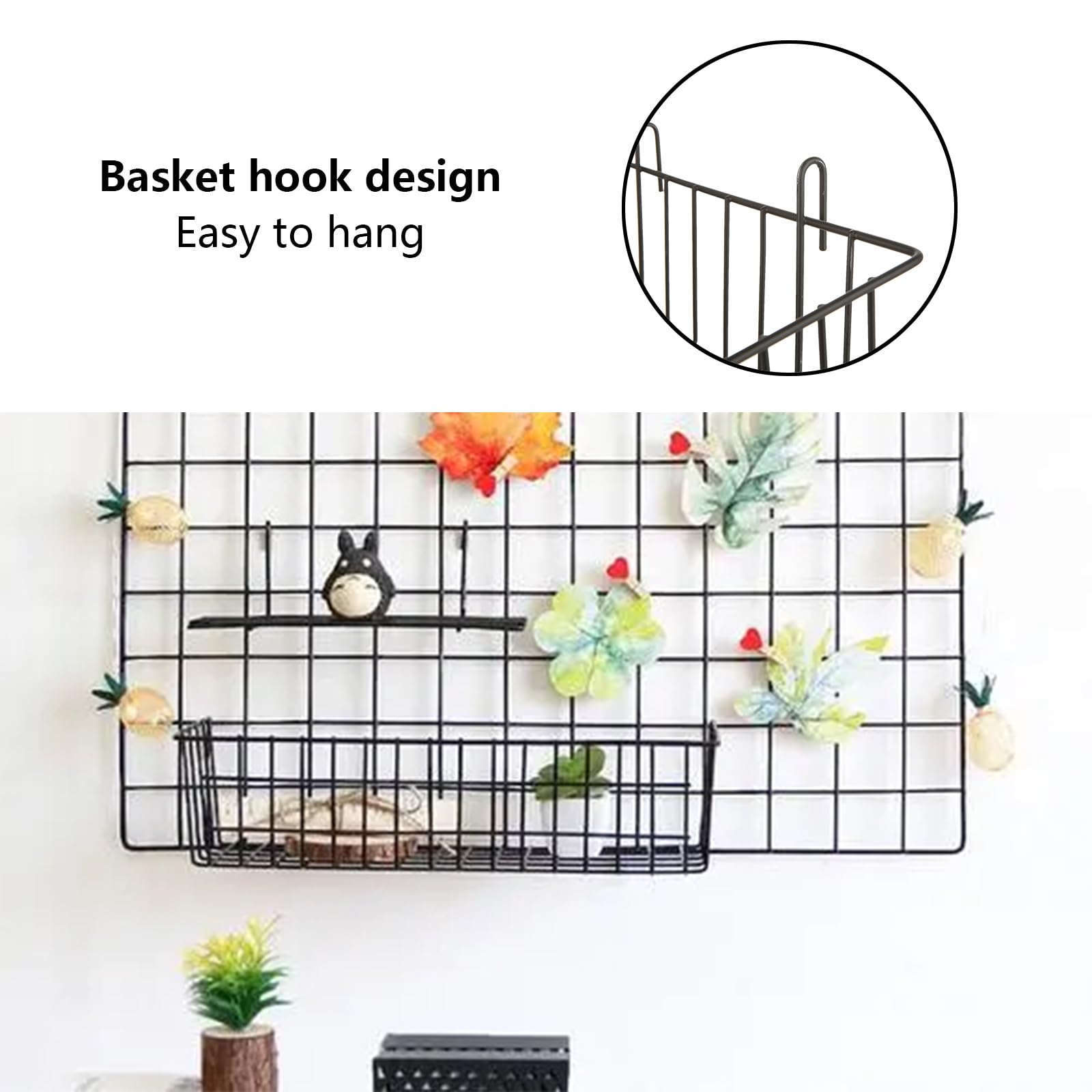 Oungy 10 PCS Wire Baskets Wall Grid Panel Hanging Wire Basket Hanging Wall Baskets No Drilling Wall Hanging Baskets Grid Wall Storage Basket for Kitchen Bathroom Home Decor Supplies, Black