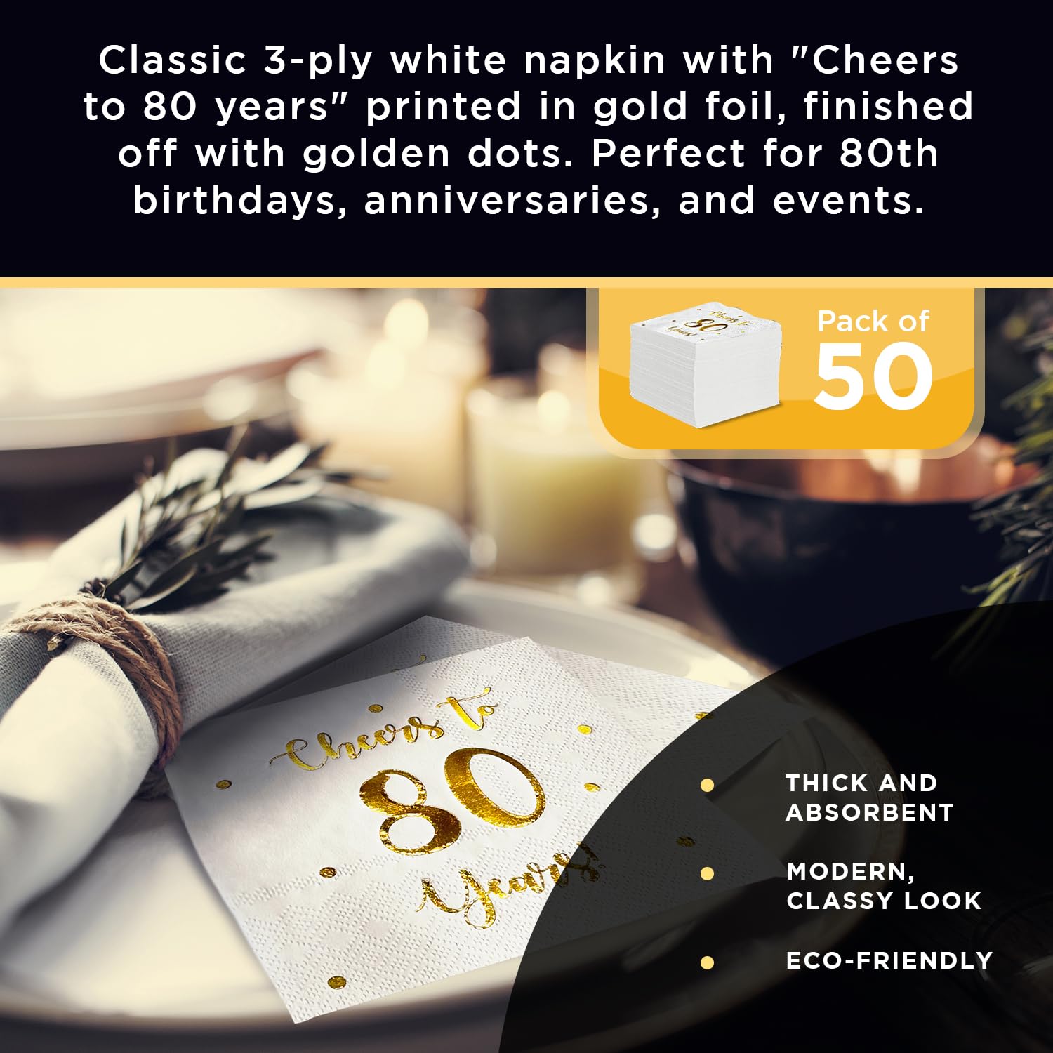 Cheers to 80 Years Cocktail Napkins | Happy 80th Birthday Decorations for Men and Women and Wedding Anniversary Party Decorations | 50-Pack 3-Ply Napkins | 5 x 5 inch folded (White)