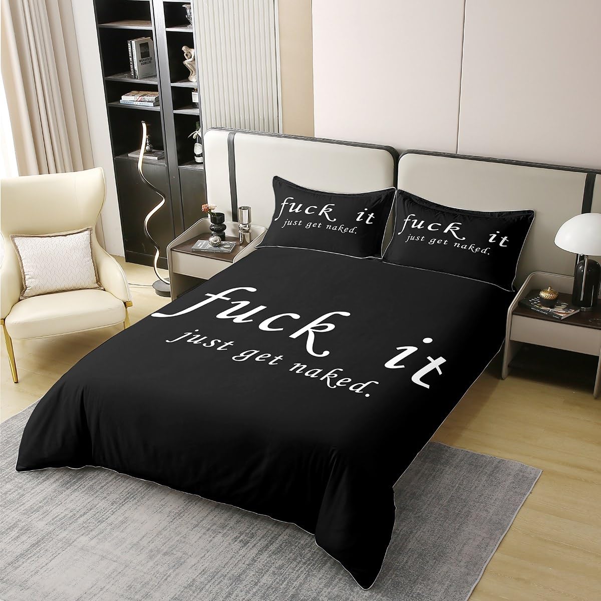 Funny Quotes Duvet Cover 100% Cotton Get Naked for Couple Lover Men Women Romantic Bedding 100% Cotton Set Black and White Creative Words Duvet Set Room Decor 3Pcs with 2 Pillow Case King Size Zipper