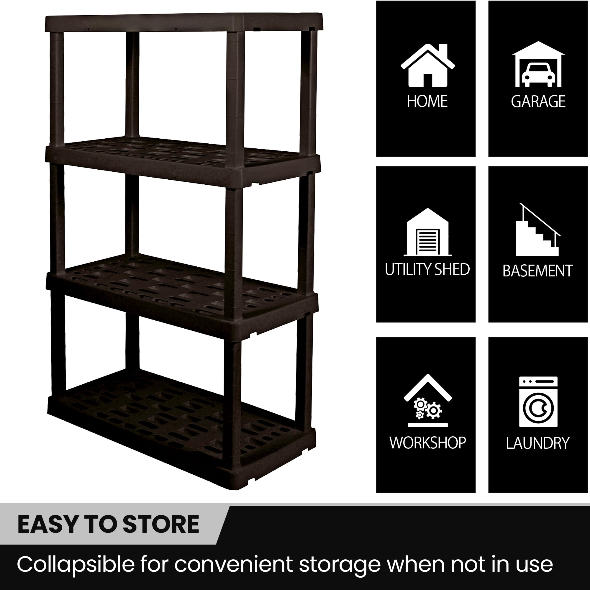 Oskar 4 Tier Plastic Shelf, Garage Shelving Unit, Rack and Storage Shelves - Ideal for Storage Shed, and Shelf Organizer - Perfect for Garage Storage and Shelving Solutions, Black