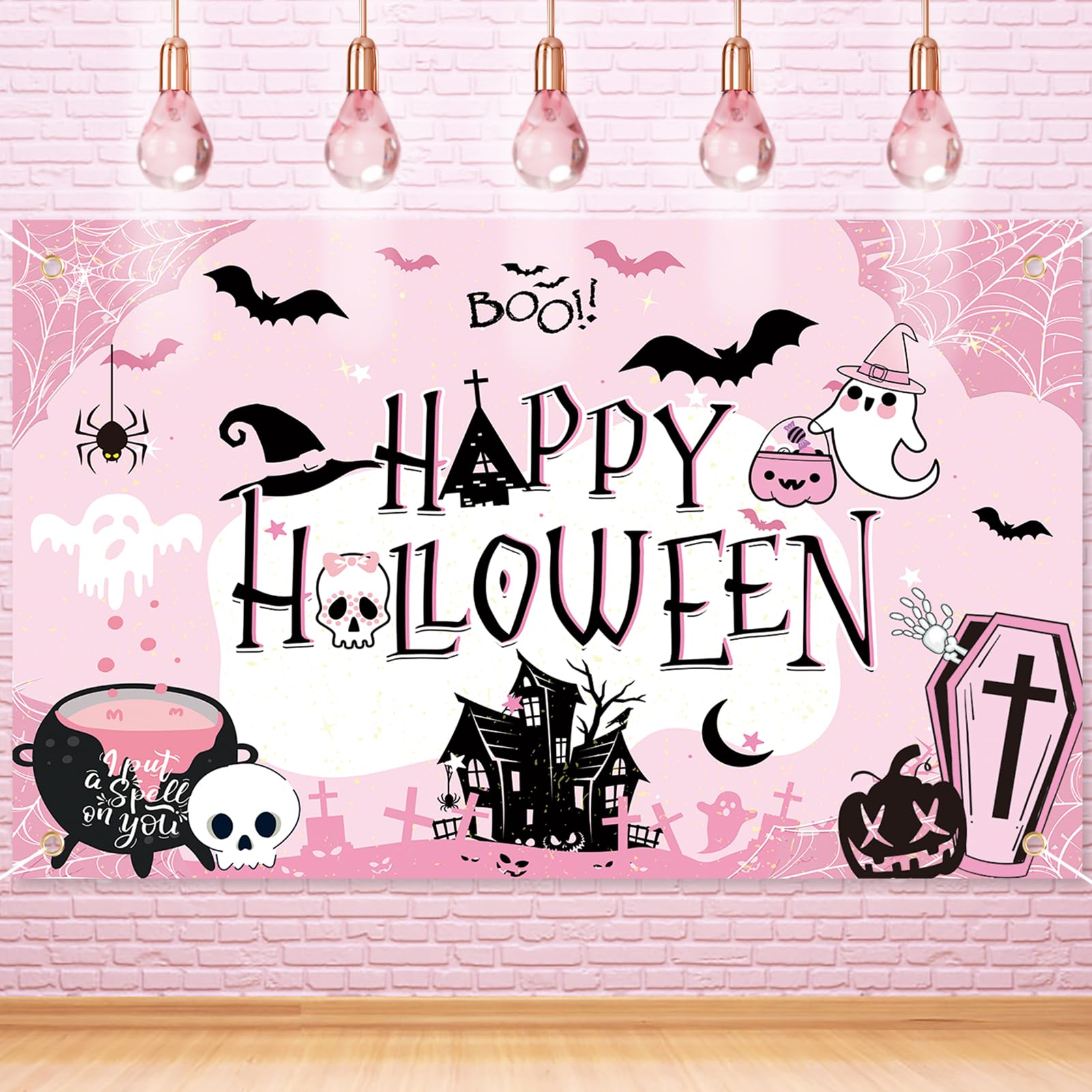 DPKOW Pink Happy Halloween Backdrop Banner, Extra Large Pink Halloween Birthday Party Decorations Girls Kid Black Pink Halloween Decorations Background for Halloween Baby Shower Boo Day, 70.8×43.3inch