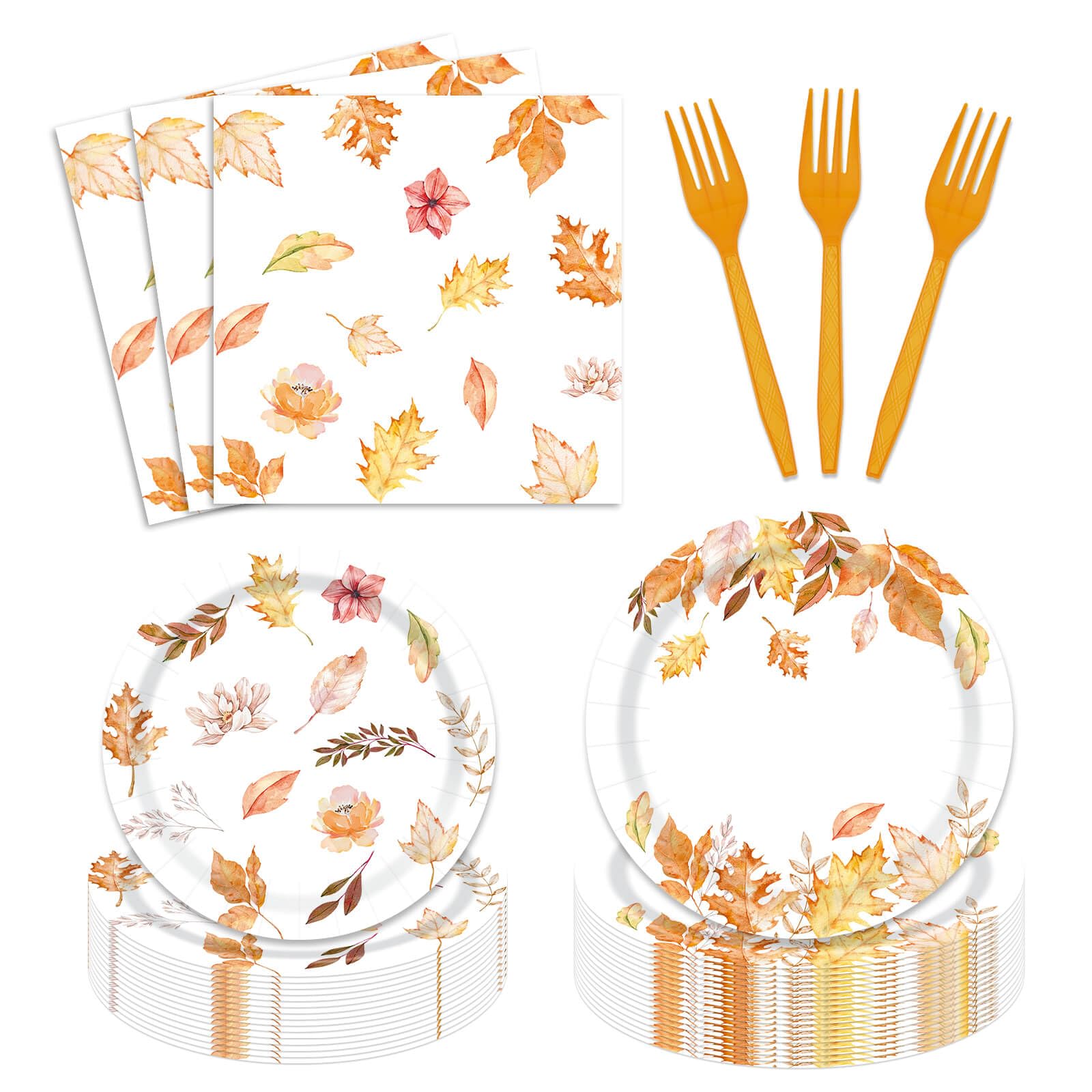 96 PCS Fall Leaves Party Decorations Supplies Autumn Maple Leaves Party Tableware Set Party Napkins Forks Disposable Paper Plate Decorations Favors for Fall Thanksgiving Bridal Shower Birthday Theme