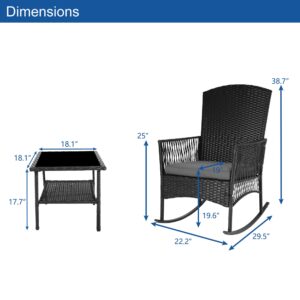 CIRMUBUY 3 Piece Patio Conversation Set, Outdoor Rocking Chairs Set of 2, Wicker Furniture Set with Glass Top Coffee Table and Cushions for Porch Garden Backyard Lawn (Grey Rattan, Blue Cushion)