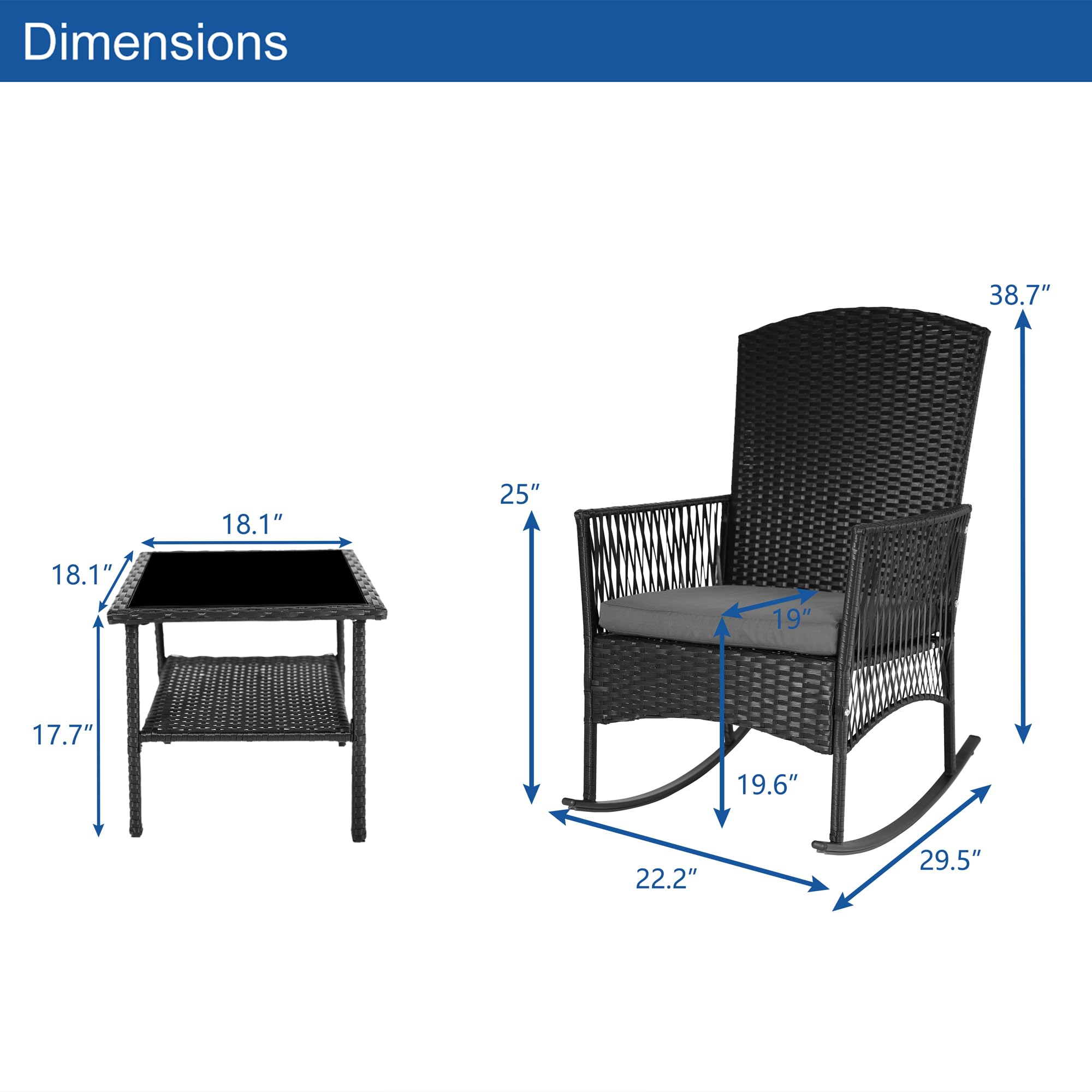 CIRMUBUY 3 Piece Patio Conversation Set, Outdoor Rocking Chairs Set of 2, Wicker Furniture Set with Glass Top Coffee Table and Cushions for Porch Garden Backyard Lawn (Grey Rattan, Blue Cushion)