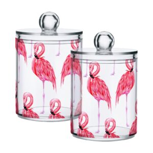 sdmka 2 pack apothecary jars bathroom pink flamingo qtip holder storage canister clear plastic jar with lid for cotton ball, cotton swab