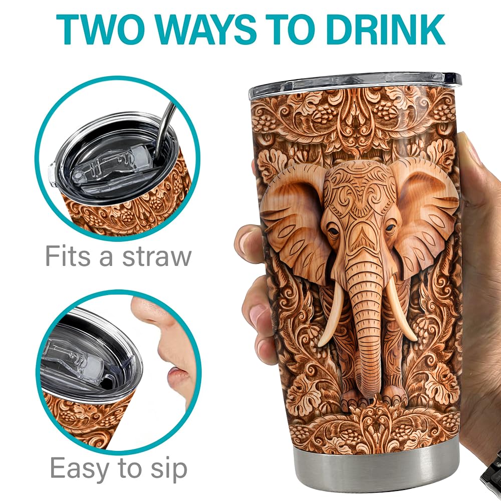 SANDJEST Personalized Elephant Wood Drawing Tumbler 20oz 30oz Insulated Tumblers with Lid Coffee Travel Mug Cup for Men Women Gift for Birthday