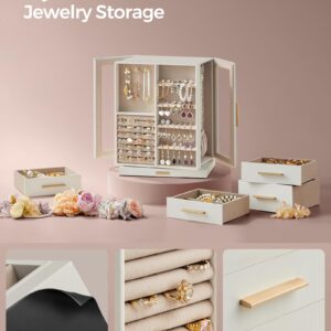 SONGMICS Jewelry Box 360° Rotating, Jewelry Storage Case with 5 Drawers, Jewelry Organizer, Glass Window, Spacious, Vertical Jewelry Storage, Open Design, Christmas Gift, Cloud White UJBC170W01