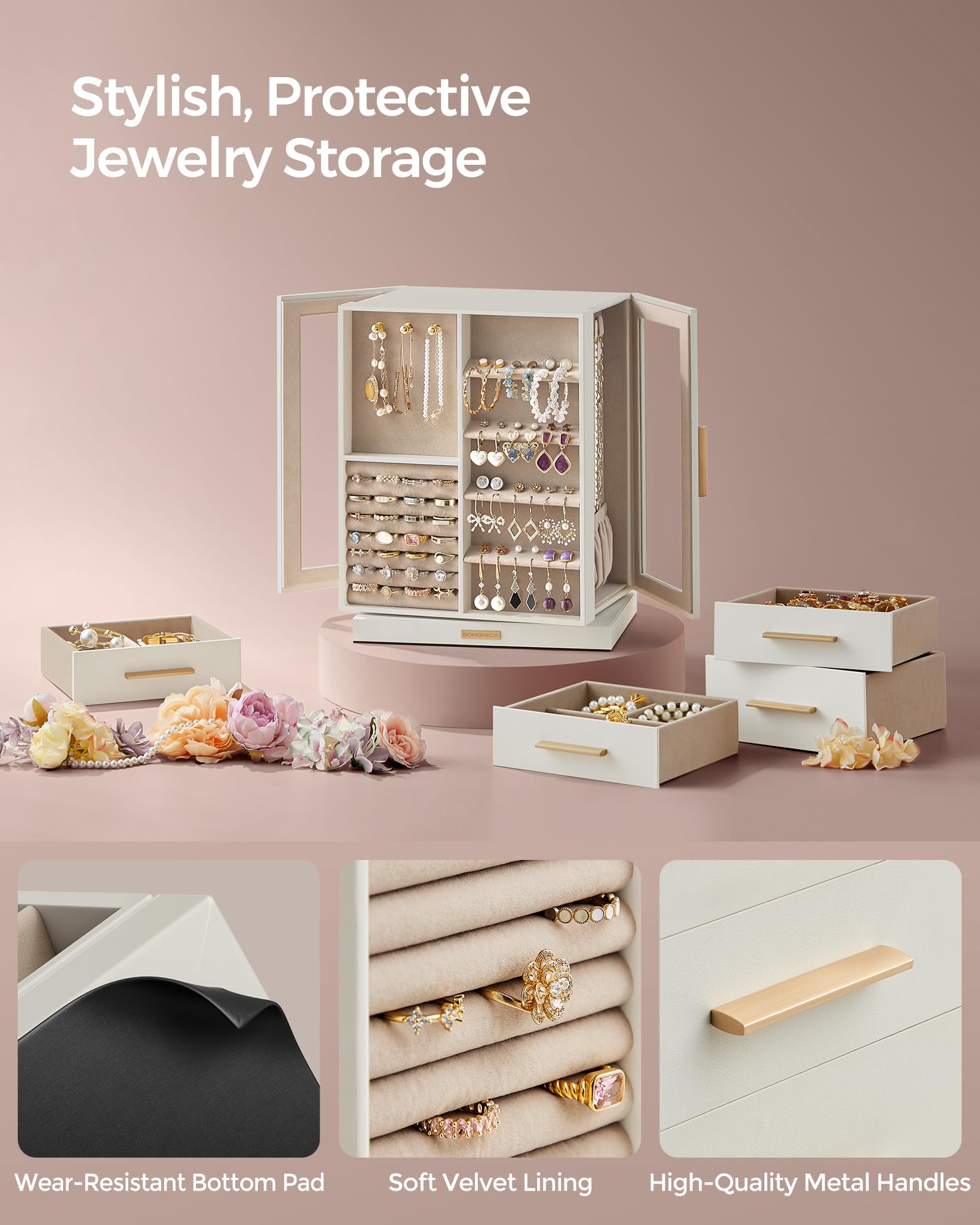 SONGMICS Jewelry Box 360° Rotating, Jewelry Storage Case with 5 Drawers, Jewelry Organizer, Glass Window, Spacious, Vertical Jewelry Storage, Open Design, Christmas Gift, Cloud White UJBC170W01