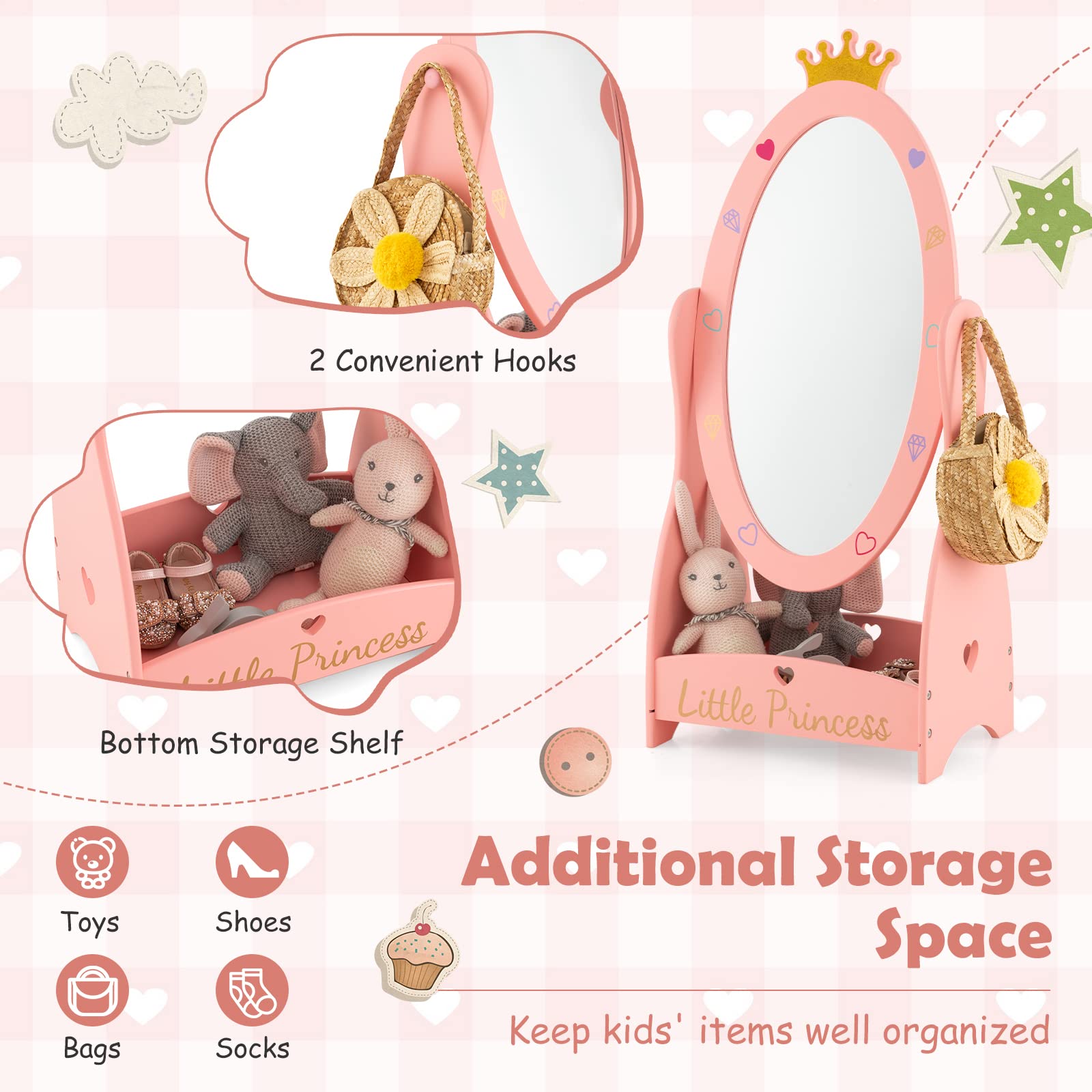 HONEY JOY 3 Piece Kids Vanity Set, Girls Vanity Table & Chair Set, Princess Toy Box, 360° Rotatable Freestanding Dressing Mirror w/Storage Shelf, Kids Room Furniture Set for Playroom Bedroom, Pink