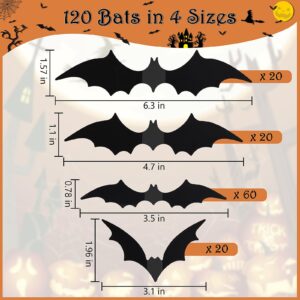 ZYFLSQ 120 Pcs Bats Wall Decor Halloween Decorations, 3D Bat Stickers for Home Decor 4 Size Scary Black Spooky Bats Party Supplies