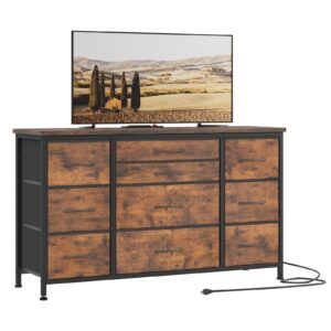 jojoka wide dresser with 10 large drawers for 55'' long tv stand with power outlet entertainment center, storage fabric drawer unit for bedroom, closet, entryway, sturdy metal frame, rustic brown