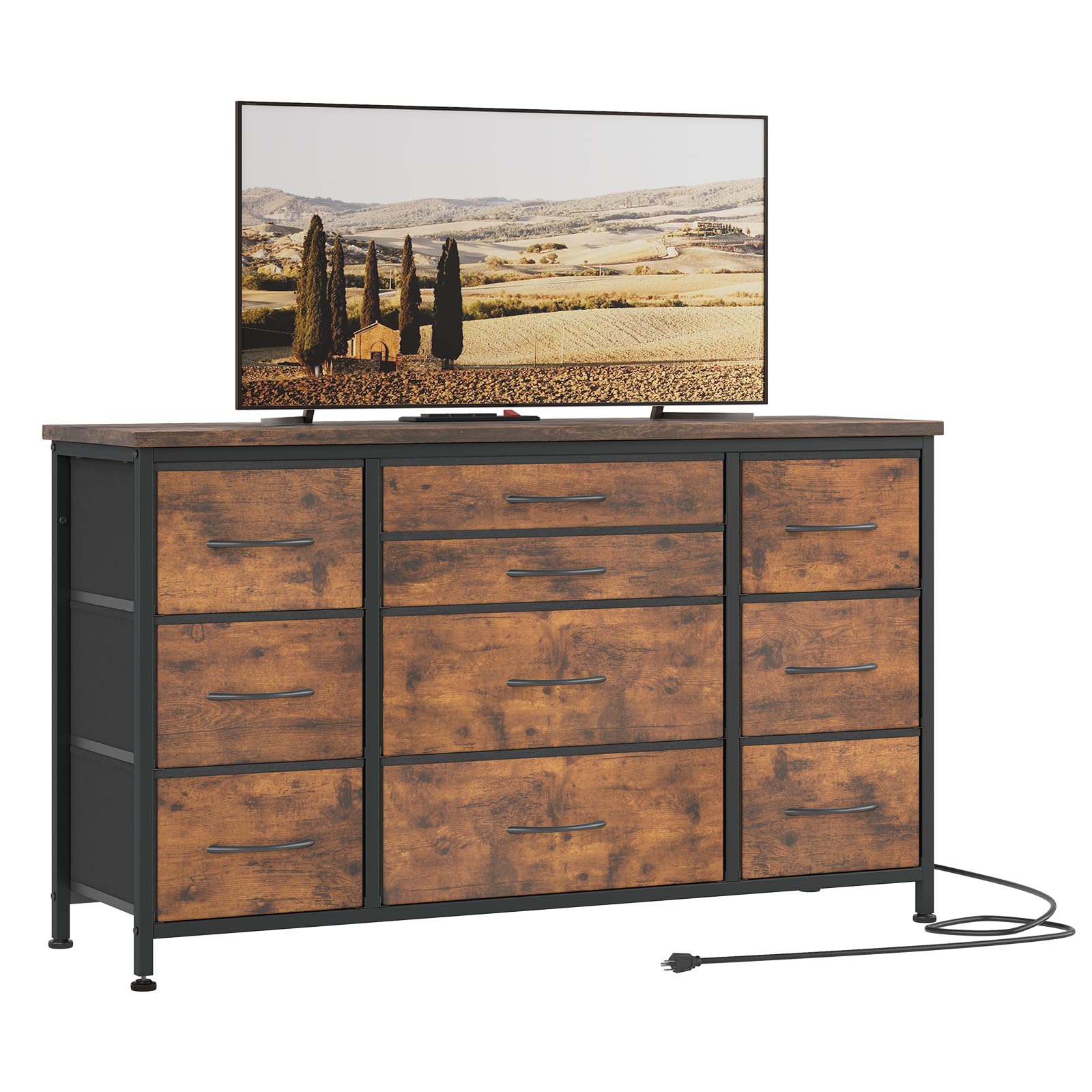 Jojoka Wide Dresser with 10 Large Drawers for 55'' Long TV Stand with Power Outlet Entertainment Center, Storage Fabric Drawer Unit for Bedroom, Closet, Entryway, Sturdy Metal Frame, Rustic Brown