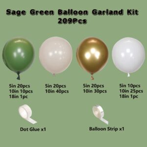 207Pcs Sage Green Balloons Garland Arch Kit, with Olive Green White Metallic Gold Balloons for Wedding Bridal &Baby Shower Bachelor Baptism Birthday Party Decorations Supplies