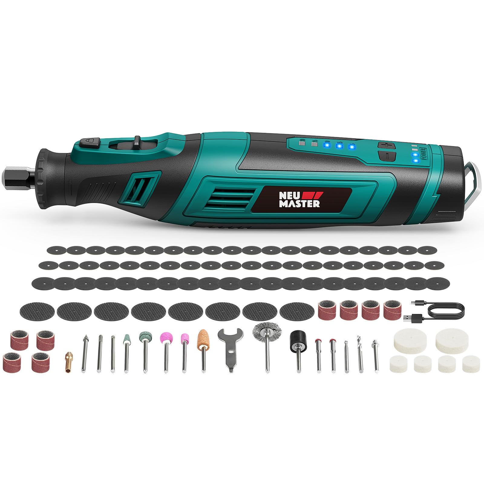 NEU MASTER 8V Cordless Rotary Tool Kit, Power Rotary Tool With 2.0Ah Batttery, 103pcs Accessories, 30000RPM 5-Speeds LED light, Multi Power Carving Tools for Sanding, Polishing, Drilling, Cutting