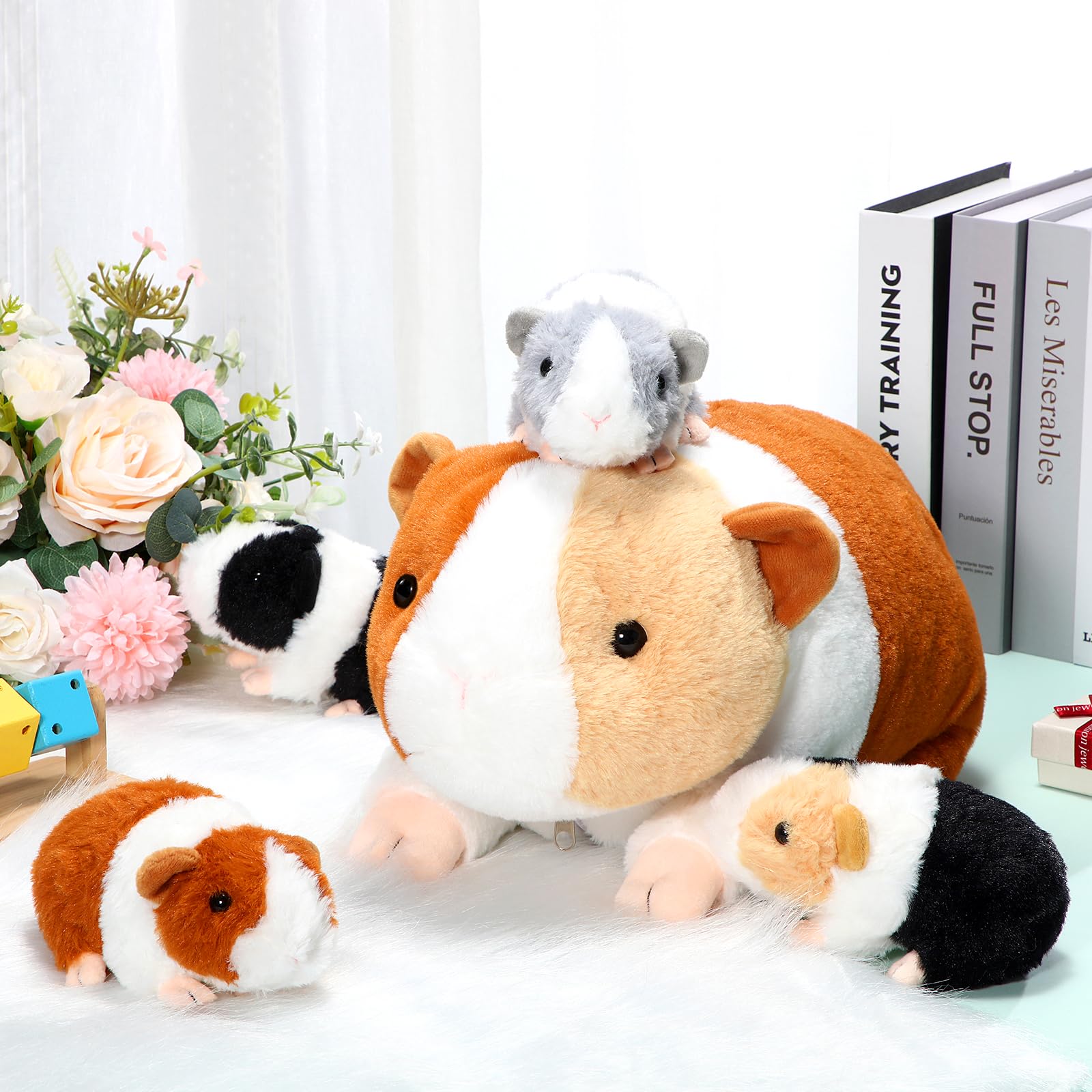 Jenaai 5 Pcs Christmas Plush Guinea Pig Stuffed Animals 16 Inch Mama Guinea Pig with 4 Cute Plushie Babies Soft Guinea Pig Plush Pillow Gift for Boys Girls Birthday Christmas