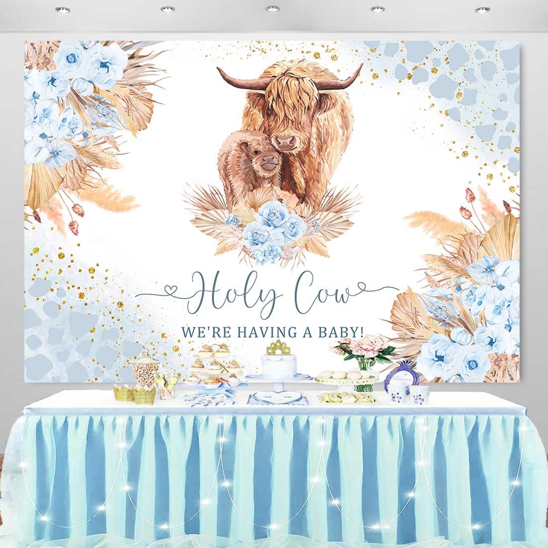 Ayayiya Highland Cow Baby Shower Backdrop Boy Holy Cow We are Having a Baby Farm Cow Party Decorations Boho Blue Highland Cattle Baby Shower Backdrops Cake Table Banner Photography Backdground 7x5ft