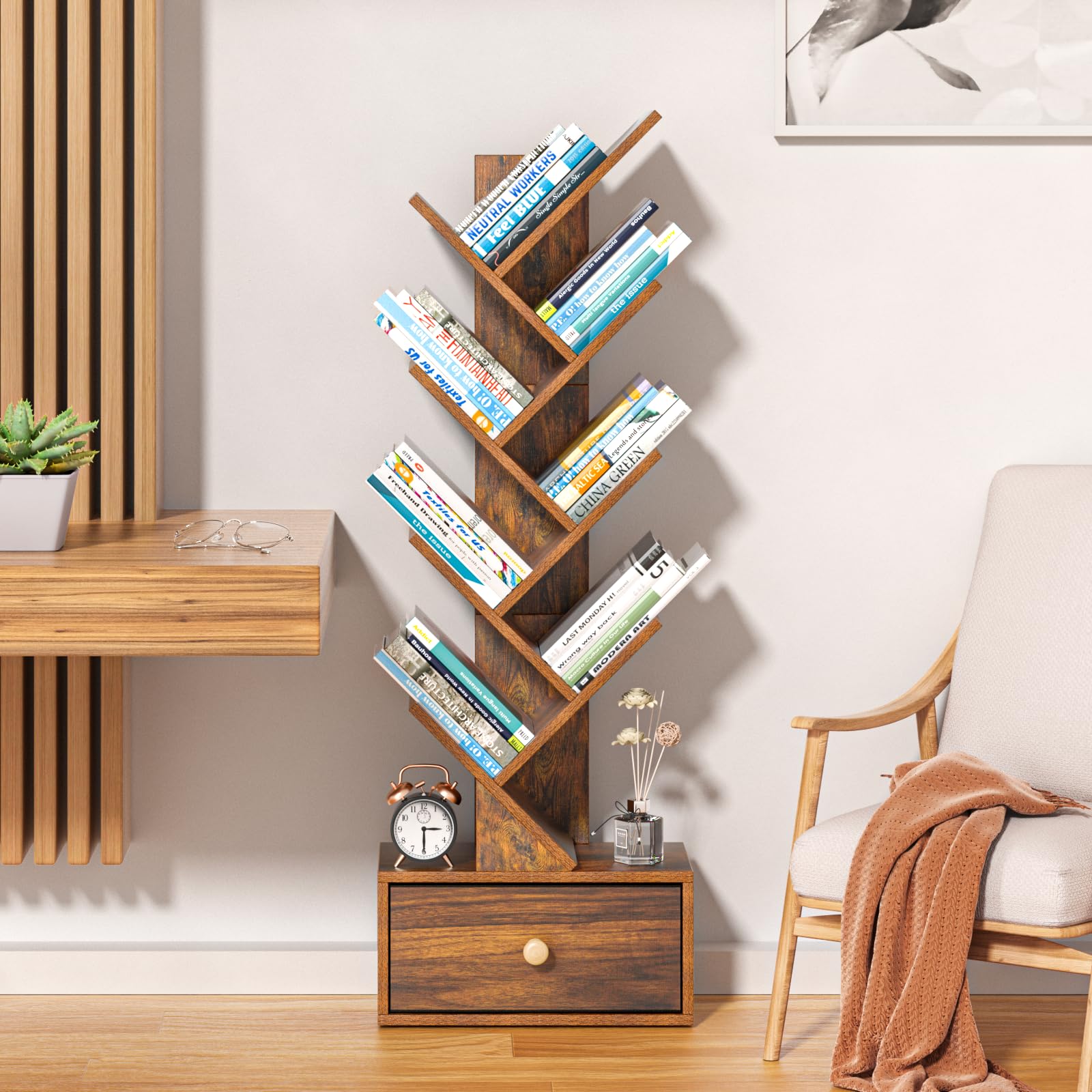 SHEEPAM 8 Tier Tree Bookshelf with Drawer, Free Standing Wood Bookcase for Narrow Space, Storage Organizer Bookshelves for Books, Book Case for Home Office, Living Room, Bedroom, Rustic Brown