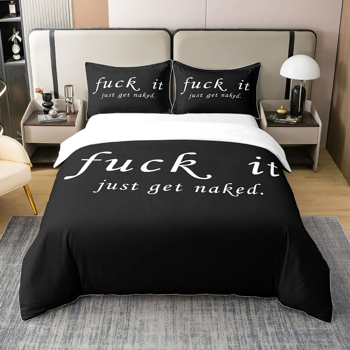 Funny Quotes Duvet Cover 100% Cotton Get Naked for Couple Lover Men Women Romantic Bedding 100% Cotton Set Black and White Creative Words Duvet Set Room Decor 3Pcs with 2 Pillow Case King Size Zipper