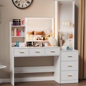 PAKASEPT Vanity Desk with Mirror and Lights, Makeup Vanity with 3 Lighting Colors & Charging Station, Makeup Desk Dressing Table with Full-Length Mirrors,Hidden Cabinet, Lots Storage Shelves,White