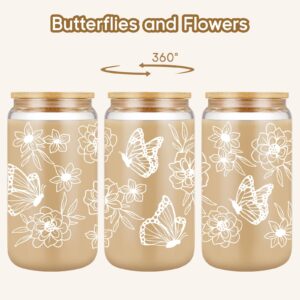 Fairy's Gift Butterfly Gifts for Women - Iced Coffee Cup, Aesthetic Floral Butterflies Glass Cup w/Lid & Straw, Butterfly Tumbler - Christmas, Birthday Gifts for Women Mom Friend Bestie