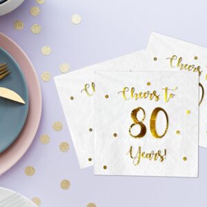 Cheers to 80 Years Cocktail Napkins | Happy 80th Birthday Decorations for Men and Women and Wedding Anniversary Party Decorations | 50-Pack 3-Ply Napkins | 5 x 5 inch folded (White)