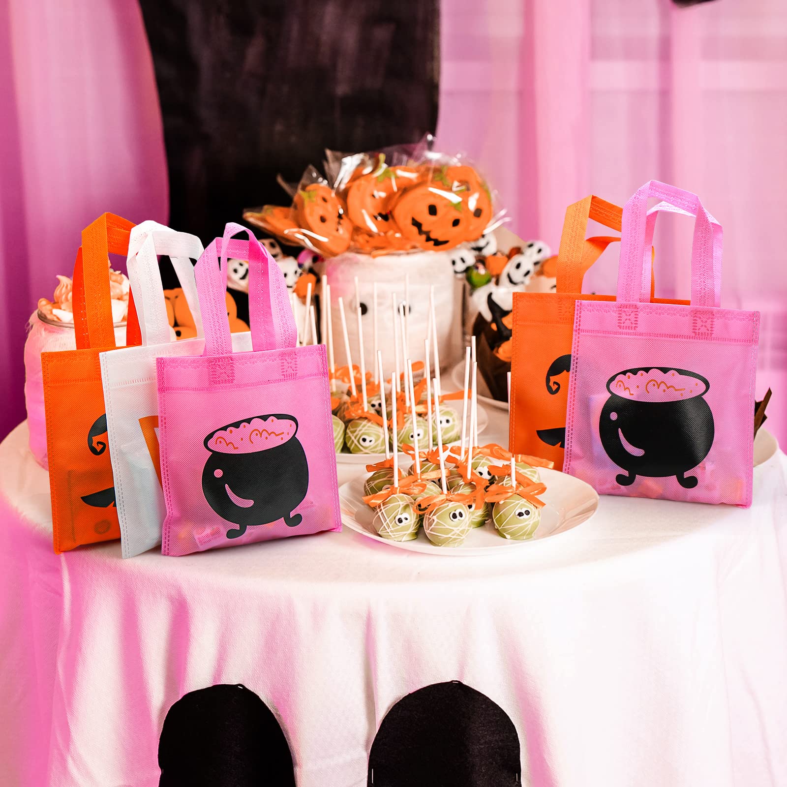 20Pcs Pink Girl Halloween Treats Bags Party Favor, Cute Ghost Wizard Hat Witch Cauldron NonWoven Halloween Candy Bag Gift Goodies Tote for Little Boo Baby Shower Halloween Happy Boo Day Party Supplies