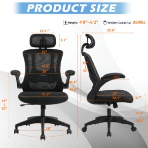 PrimeZone Ergonomic Office Desk Chair - Computer Chair with Adjustable Flip-Up Armrests, Lumbar Support, Headrest & Tilt Function, Comfortable Task Chair for Work Study, 350 lbs Capacity, Black