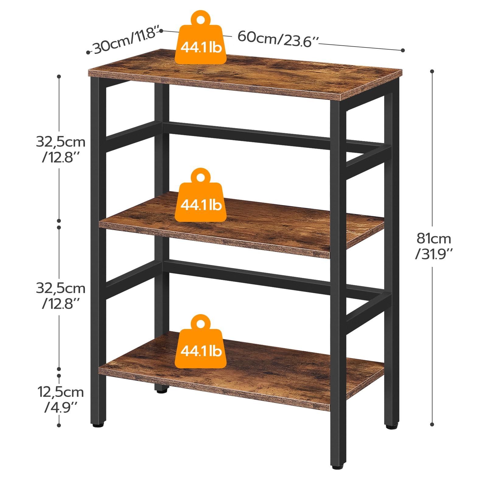 HOOBRO 3 Tier Bookshelf, 23.6"L Industrial Bookcase, Record Storage Rack with Side Fence, Wood Storage Shelf with Metal Frame, Rustic Open Display Shelf for Living Room, Bedroom, Rustic Brown BF86CJ01